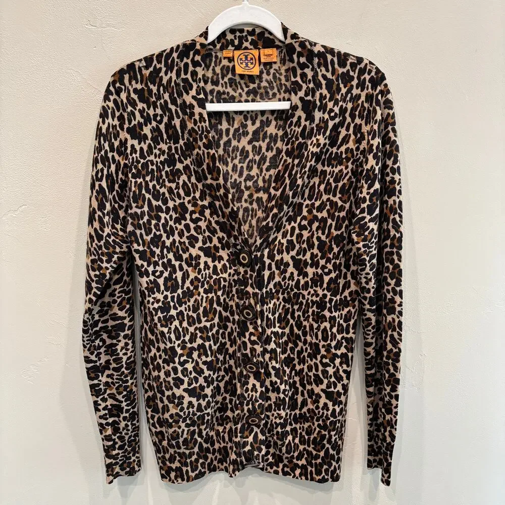 Tory Burch Merino Wool Leopard Print Cardigan Black Brown - Size: Large